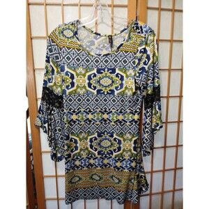 Vision USA Womens Medium Boho Geometric Tunic Top 3/4 Bell Lace Sleeve Blue